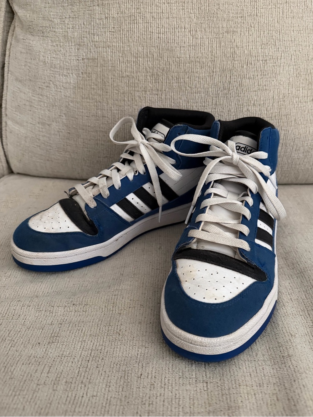 Adidas Men’s/Teens Blue, White and Black High-Top Sneakers